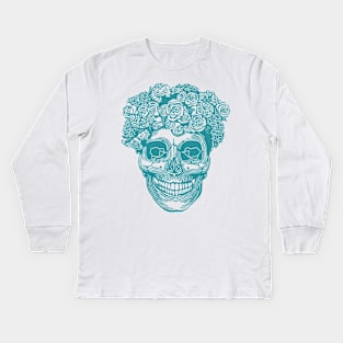 Flower Crown Skull (Blue) Kids Long Sleeve T-Shirt